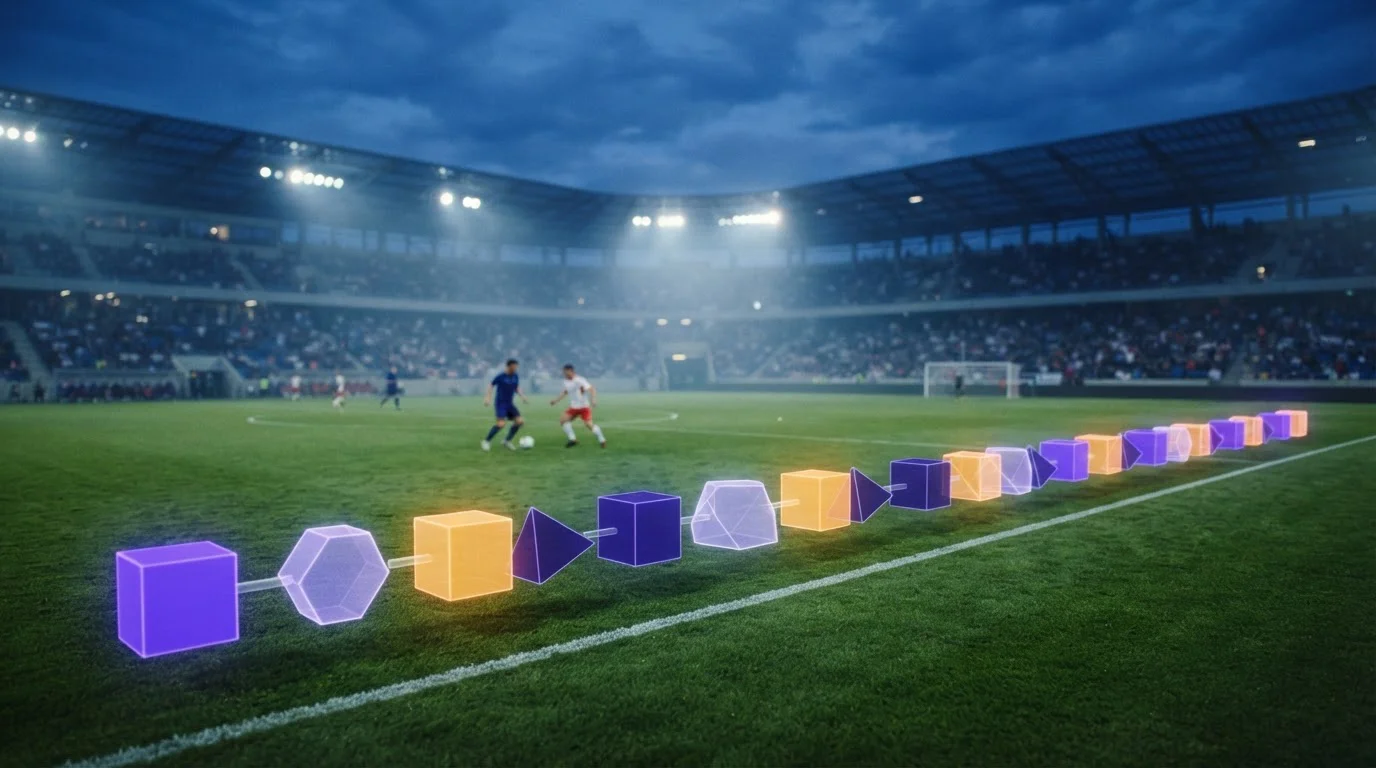 Abendlicher Fußballplatz mit einer schematischen Zeitleiste des Spielverlaufs