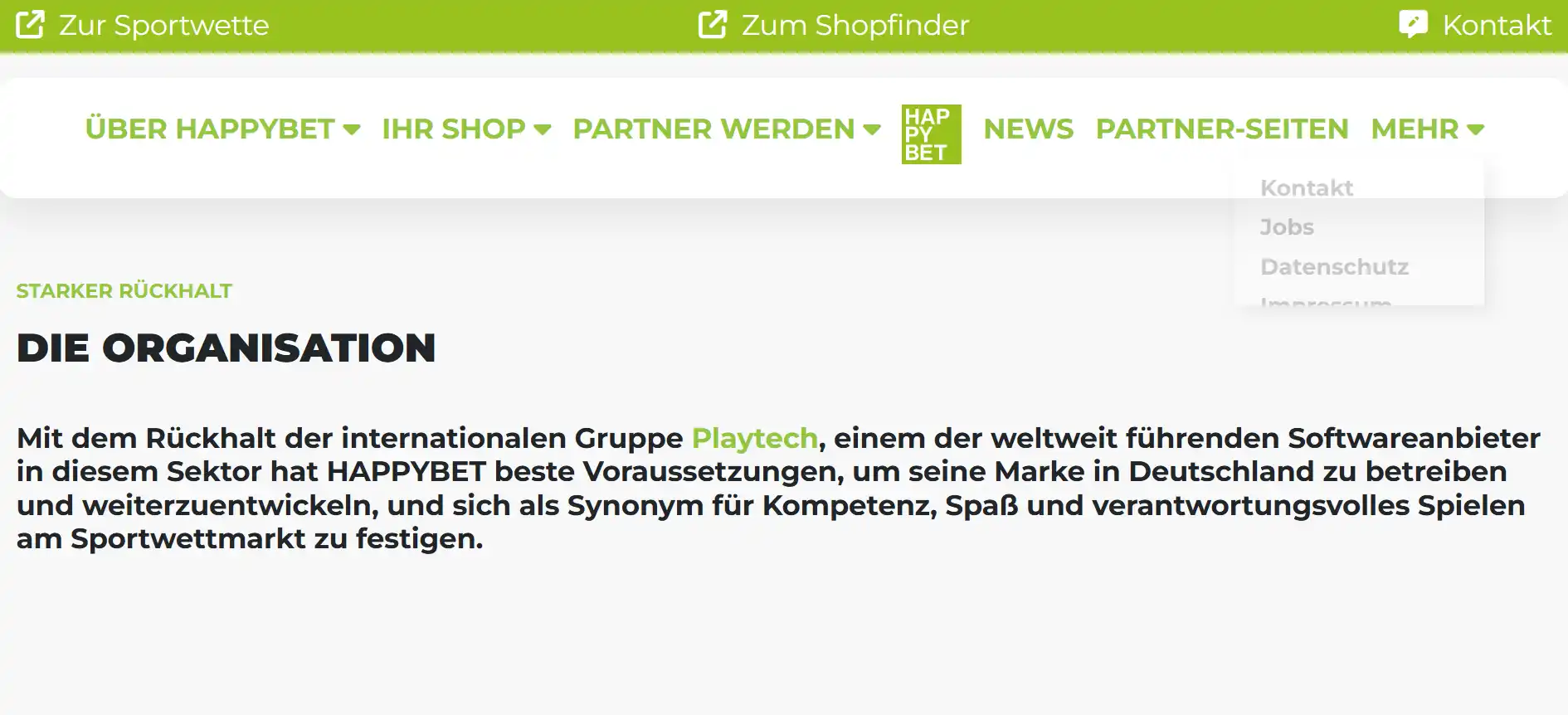 Organisationsbereich von HAPPYBET Vertrieb mit Informationen zur Playtech Gruppe
