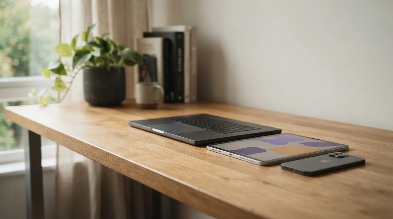 Laptop, Tablet und Smartphone auf einer aufgeräumten Arbeitsfläche