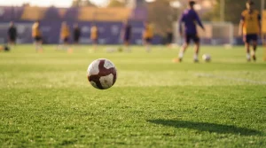 Fußball fliegt über das grüne Spielfeld in einem Stadion
