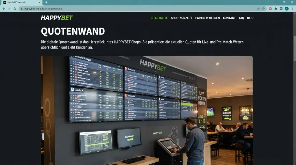 Historische Quotenwand im HAPPYBET Wettbüro mit angeordneten Sportquoten