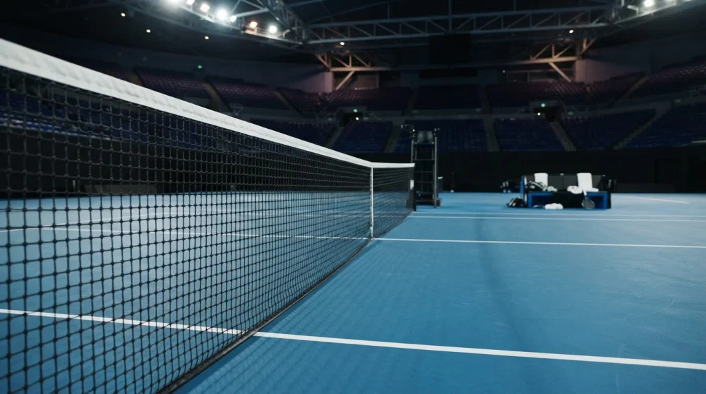 Tennisplatz in einer beleuchteten Halle mit Netz und Schiedsrichterstuhl